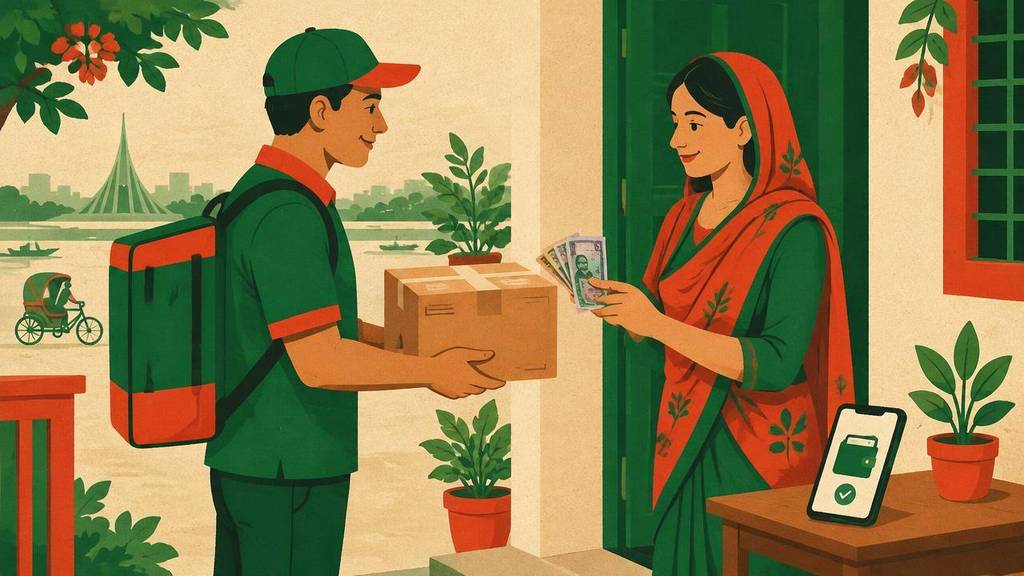কুরিয়ার দরজায় পার্সেল দিচ্ছেন এবং ক্রেতা টাকায় পরিশোধ করছেন