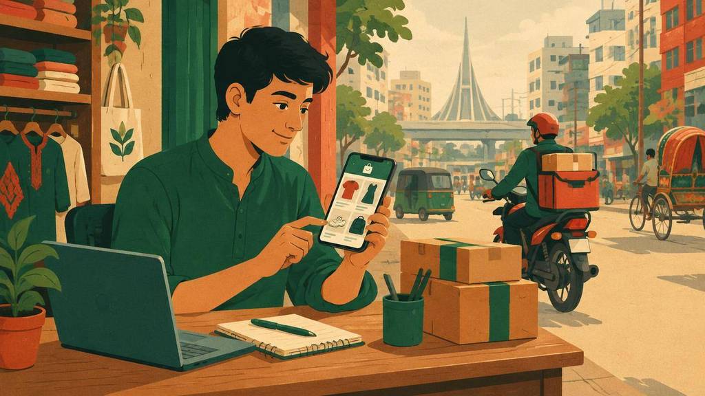বাংলাদেশি একজন বিক্রেতা মোবাইলে অনলাইন শপ চালাচ্ছেন, পেছনে কুরিয়ার পার্সেল নিয়ে যাচ্ছে
